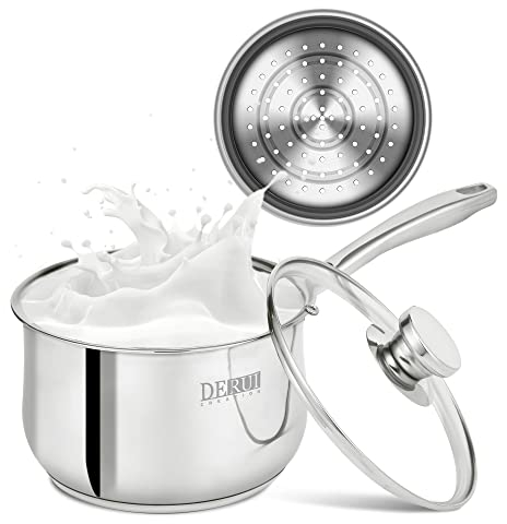 DERUI CREATION Stainless Steel Saucepan 18cm | 2.5 Quart with Steamer Basket and Glass Lid Milk Pan Steamer Soup Pot Small Pot Induction Safe
