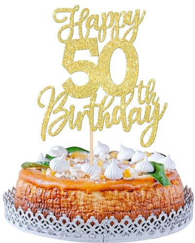 SYKYCTCY 1 Pack Happy 50th Birthday Cake Topper Gold Glitter Cheers to 50 Years Birthday Cake Pick 50 Fabulous Cake Decoration for Happy Birthday Theme Anniversary Party Supplies