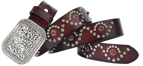 Surrycee Nietengürtel Punk, Nietengürtel mit roten Edelsteinen, Blumenschnalle und 38 mm breites echtes Leder, Metall-Punk-Nietengürtel für Männer und Frauen,Kaffee,110cm/waist:36~38