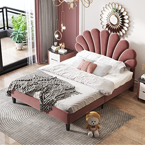 DRIXNO Bett 140x200 Doppelbett Betten Mit Lattenrost Polsterbett Jugendbett Rosa Kopfteil in Blumenform Teenie-Mädchenbett in Hautfreundlichem Samtstoff