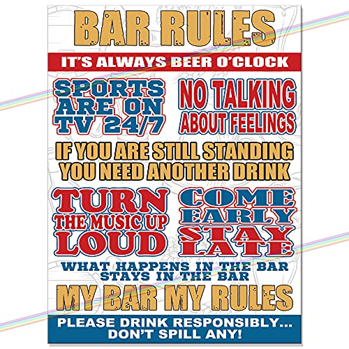 Bar Rules Funny Metal Bar Signs Father's Day Bar Accessories for Home Pub or Outdoor Garden Bar Garage Vintage Wall Plaque Man Cave Gift Metal Bar Memorabilia bar sign Made UK 20cm x 15cm
