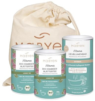 MABYEN Mama Wohlfühl Set, 2x Himbeerblättertee und 1x Heublumenbad | 3 Produkte + Stoffbeutel, Zutaten in höchster Bio-Qualität, für bewusste Mama-Momente, Schwangerschaft & Wochenbett