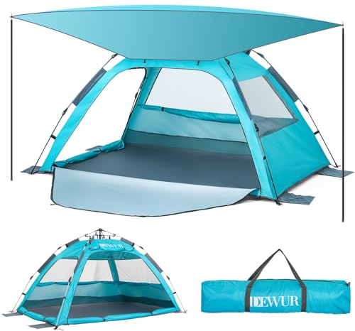 Dewur Strandmuschel 2-4 Personen Pop Up Strandzelt mit Sonnensegel UPF 50+ UV Sonnenschutz Wasserdicht für Familien Strand Camping Garten, Blau