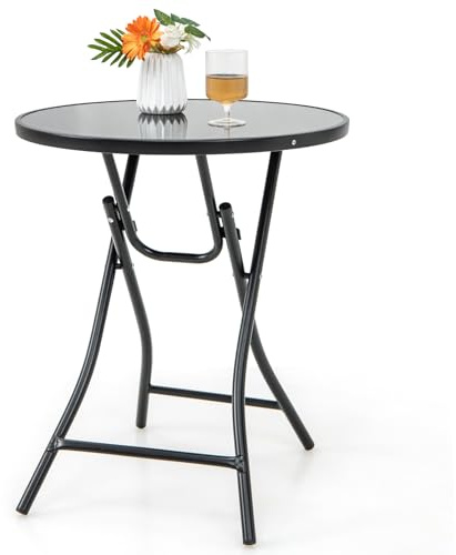 GOPLUS Sidobord runt, Ø 59 cm trädgårdsbord, vikbart av metall och härdat glas, balkongbord litet väderbeständigt, bistrobord, kaffebord, terrassbord, matbord, utomhus för balkong, trädgård terrass,
