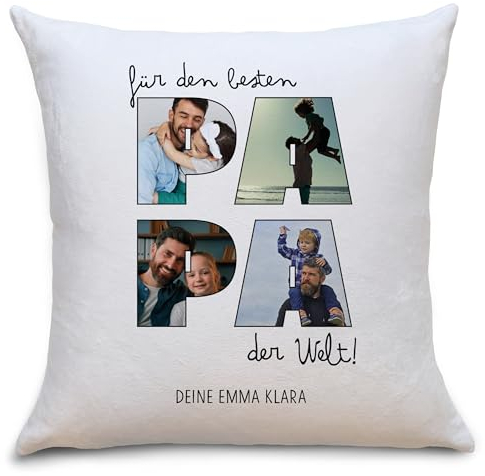 OWLBOOK® Bester Papa Foto Kissen mit 4 Fotos & Spruch selbst gestalten | Fotokissen mit eigenem Bild & Text | Papa Geschenke Geburtstag Vatertag | Fotogeschenke Vatertagsgeschenke | Polster 40x40cm