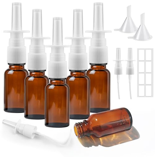 Furuising 6 Pièce Vaporisateurs Nasaux Vides en Verre, 15ml Petit Spray Nasal Vides, Réutilisable Ambre Flacon Pulvérisateur Nasal avec Entonnoirs et Étiquette pour Parfum, Huiles Essentielles, Saline