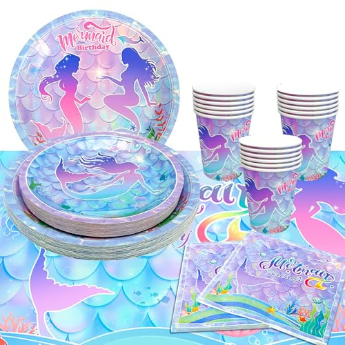 Meerjungfrau Partyzubehör Set,113pcs Meerjungfrau Party Geschirr Meerjungfrau Geburtstag Party Teller Servietten Tasse Tischdecke etc Meerjungfrau Tischdeko Kindergeburtstag für 16 Gäste