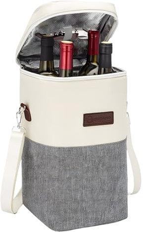 ELVIANO Insulated Wine Bag Cooler – Beige and Gray Oxford Fabric, Champagne and Wine Carrier with Wine Opener, Shoulder Strap and Expandable Zipper, Perfect for Travel, Picnic, and Gift