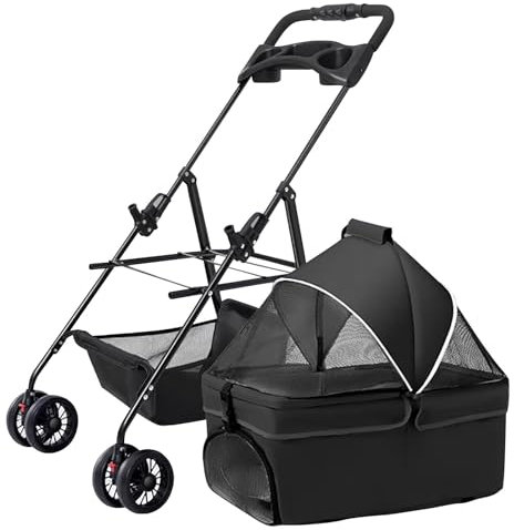 ZXDRYBHD Hundebuggy, Haustierbuggy, Faltbarer Kinderwagen mit Aufbewahrungstasche und Getränkehalter, für Kleine und Mittelgroße Haustiere bis 30 Pfund(Black)