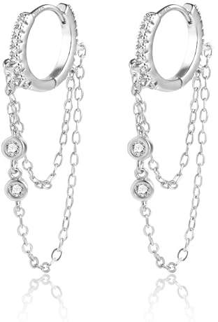 ASH'S CHOICE 925 Sterling Silver Drop Earrings for Women, 14k Gold Plated Small Huggies Hoop Earrings with Drop Teardrop Zirconia Chains Tassel Dangle Long Drop Threading Earrings for Women Lady