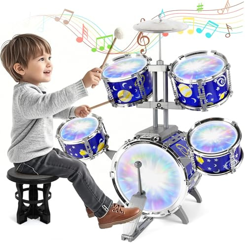 Bateria Infantil Musicales Niños con Luces y Kit de Tambores, Jazz Tambores con Taburete, Instrumentos Educativos para Niños 2-6 Años