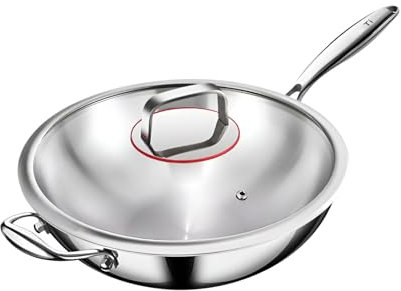 Poêle à frire en titane de 34 cm avec couvercle pour wok de cuisine - Fonctionne sur plaques à induction et à gaz