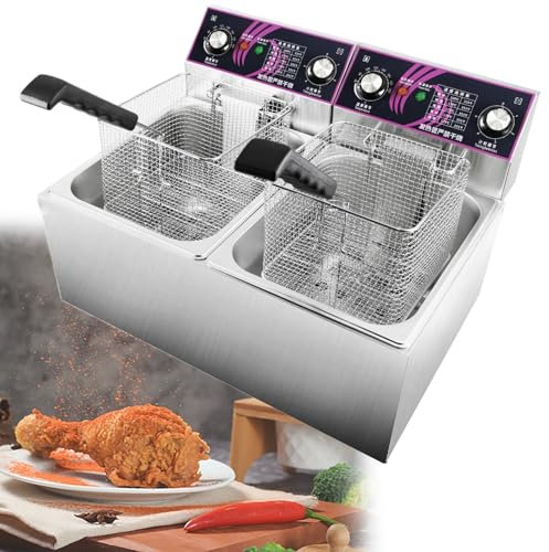 GESAIDES Freidora Eléctrica con Cestas para Freír, Temporizador y Tapas, Freidora Comercial de Encimera de Cocina, Temperatura Ajustable para Restaurante Doméstico,2x8L