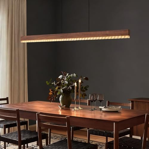 45 Wood Linear Pendant Light, Dimmable Kitchen Island Lighting with Remote, 30W LED Island Lights for Kitchen, Adjustable Linear Chandelier for Dinning Room Light Fixture,Pool Table Light - Walnut