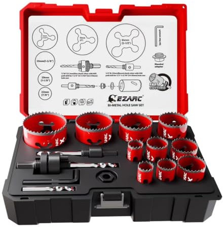 Ezarc 16pc Bi-Metal Hole Saw Set with 8% Cobalt, 48mm Deep Cut for Metal, Hardwood, PVC & Drywall,19-64mm Hole Saws Kit,4/6 TPI Variable Teeth & Cellular Chip Vents for Plumbers & Electricians