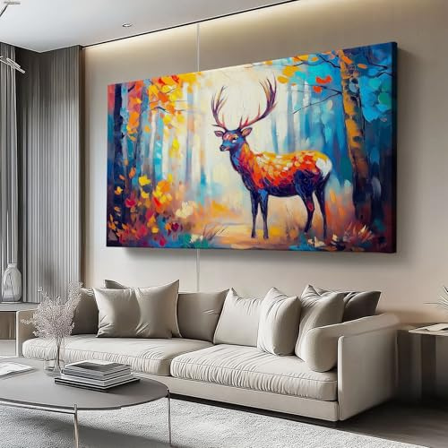 Bild auf Leinwa 150L x50B cm Modern Bild auf Vlies Leinwand Tier: Hirsch, Wald Deko Geschenk Wohnzimmer Schlafzimmer Wandbild Farbe