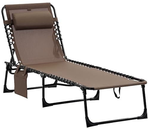Outsunny Tumbona Plegable, Tumbona Jardín Exterior Reclinable 5 Posiciones, con Reposacabezas Acolchado, Bolsillo Lateral y Estructura de Acero, para Terraza, Piscina, 189x58x30 cm, Marrón