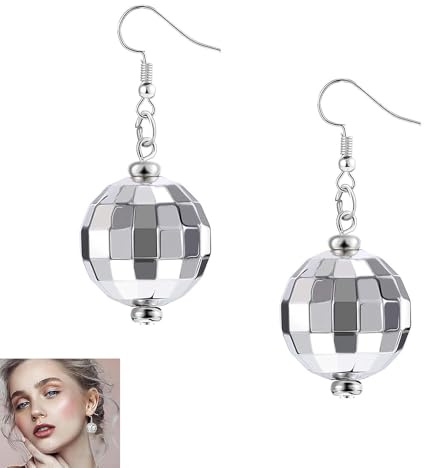 Discokugel Ohrringe, Lustige Ohrringe Damen, Discokugel Accessoires, Disco Kugel Kostüm, für Damen Und Mädchen Retro Disco Motto Party Kostüm Zubehör(Silber)