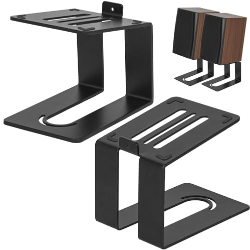 OUUTMEE Soporte para altavoces de escritorio de 13,5 cm de altura, de metal, con tiras de goma antideslizantes y que absorben las vibraciones, soporte de audio de 5 °, par (negro)