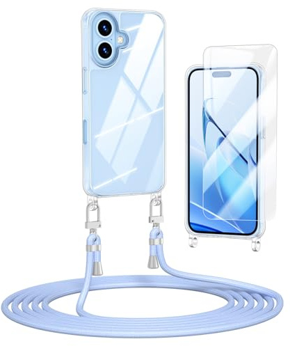 Anshow Verbesserte Handykette für iPhone 17 Hülle mit Band + 1 Schutzfolie, Necklace Stoßfest Handyhülle iPhone 17 Case Transparent Schutzhülle zum Umhängeband Abnehmbar, hellblau