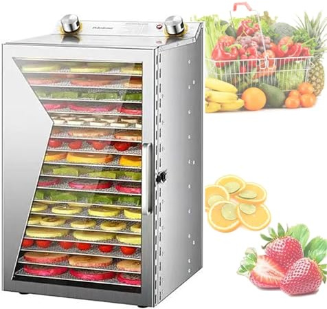 LIULIQ Essiccatori Alimentari in Acciaio Inossidabile, Essiccatore di Grande capacità con Flusso d'Aria Circolante a 360°, Temperatura Regolabile da 30 a 90 °C E Timer Intelligente da 1 a 12 Ore