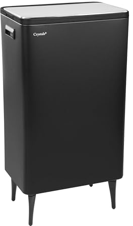 Crystals 60L Dual Compartment Recycling Bin – Kitchen Rubbish Waste Bin with 2 Sections, Press Top Lids, Modern Space-Saving Design for Easy Waste Separation & Home Recycling (Black)