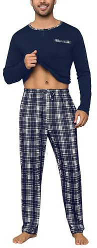 Litherday Pijama Hombre Algodón Invierno Manga Larga Conjunto de 2 Piezas con Pantalón Cuadros y Camiseta Cómoda Ropa Dormir Hombre,Azul,3XL