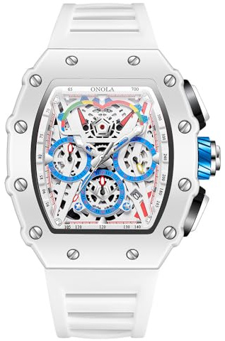 FANMIS Fashion Hollowed Men Watches Tonneau Skeleton Dial Big Face Waterproof Chronograph Fashion Casual Watch with Silicone Strap Multifunctional Outdoor Sports Wristwatch (White)