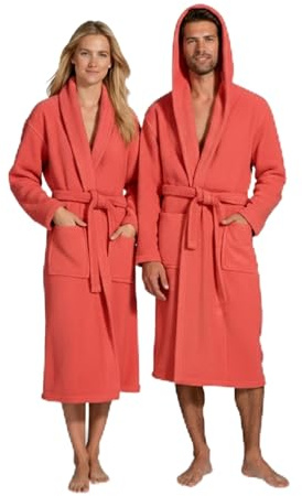 BOSKIMO Unisex badrock med huva i 100 % bomull OEKO-TEX – morgonrock för män och kvinnor – amerikansk curl 420 gsm – mjuk och mycket absorberande, Korall, M
