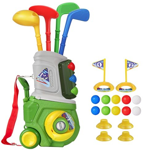 LPFG Toddler Golf Set, Kids Golf Set for Ages 1 2 3 4 5 Years Old Boys Girls with 4 Plastic Golf Clubs 10 Balls, Indoor Outdoor Baby Toddler Golf Clubs Set Toy with Cart Sport Toy Birthday Gifts Green