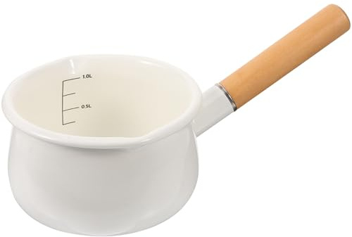 UTHCLO Olla Esmaltada Pequeña de 1000 Ml Mango Largo de Madera Maciza Cacerola para Leche y Papillas para Bebés Cacerola Blanca Antiadherente para Cocina Diaria
