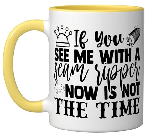 Funny Seam Ripper Sewing Crafter Humor Stitching Design Ceramic Mug, Yellow/White