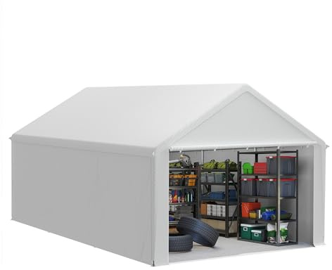 LZQ Lagerzelt 4×6 m, Zeltgarage Gerätehaus Garagenzelt mit Dachverstärkung & Bodenrahmen, abnehmbare Seitenwände, Autozelt Unterstand Lagerzelte für Garten, Werkzeuge, Auto, Baustelle (Weiß)