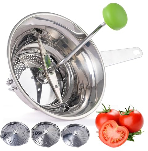 Rxsdfdi Stainless Steel Ergonomic Food Mill with 3 Interchangeable Grinding Discs, Professional Rotary Mill for Tomato Sauce, Apple Puree, Mashed Potatoes, Jams, Dishwasher Safe