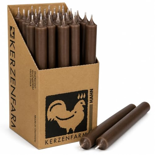 Candele extra lunghe marrone – 25 cm (250 mm) – Ø 2,2 cm – colorate e antigoccia – Made in Germany – Candelfarm Hahn – 12 ore di durata – a scelta 10 o 25 pezzi (10, marrone)