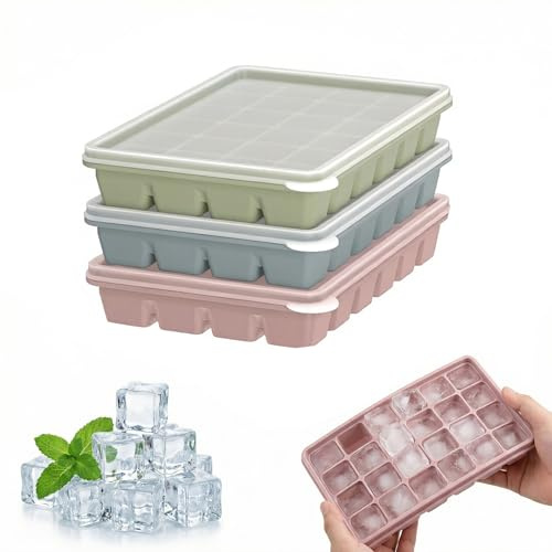 Satiskid 3-pack iskubsbricka med lock, stapelbara iskubsformar i silikon, återanvändbara och BPA-fria fyrkantiga iskubsformar för whisky, cocktail, kaffe, babymat, lättfrigörande och diskmaskinssäker