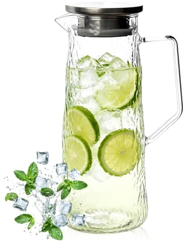 Glaskaraffe mit Deckel, 1.5 Liter Wasserkaraffe aus Borosilikatglas, Wasserkrug, Groß Eistee Krug, Auslaufsicherer Auslauf, Transparente Glaskanne, Getränkekrug für Tee, Limonade, Eistee, Wein, Milch
