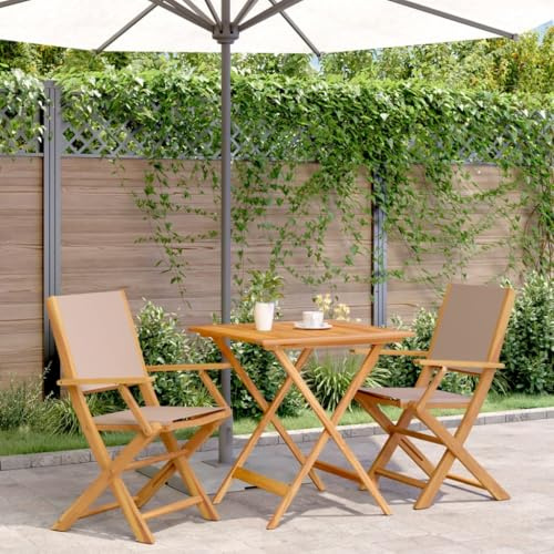 PUGYNBK 3-TLG. Bistro-Set Taupe Stoff und Massivholz Akazie klappbar für Garten Balkon mit Armlehnen Tisch und 2 Stühle bis 110 kg