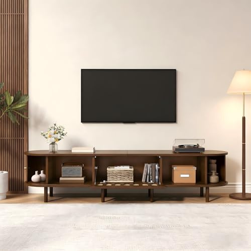 Merax TV Stand for TVs Up to 80 Inch, Walnut TV Unit with Tambour Doors and Drop Down Cabinet, Rattan Effect Media Console Cabinet, Modern Lowboard Entertainment Centre with 5 Storage, 180x40 x40 cm
