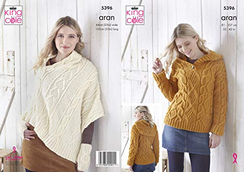 King Cole 5396 Strickmuster Damen Kapuzenponcho und Handwärmer in Mode Aran, mehrfarbig, 81,3 cm – 106,7 cm Brustumfang