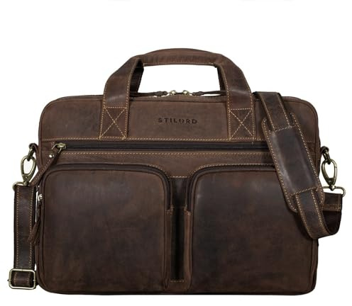 STILORD Caesar Businesstasche 15,6 Zoll Leder Große Umhängetasche Aktentasche für Breite DIN A4 Ordner Laptoptasche für Arbeit Büro Uni Aufsteckbar Echtleder Farbe:Novello - braun
