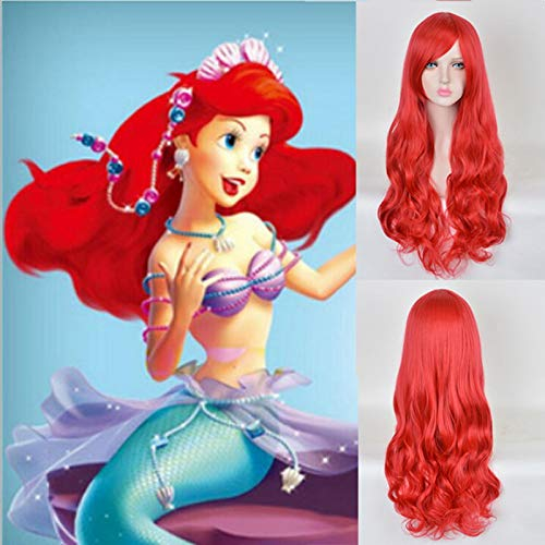 GHK 70 cm Anime Die Kleine Meerjungfrau Prinzessin Ariel Cosplay Perücke Halloween Spielen Perücke Party Bühne Synthetische Rot Welliges Haar