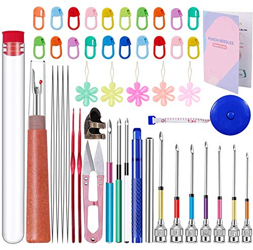 49 Pcs Needle Punch Tool Kit, Cross Stitch Set with Manual 10 Sizes Magic Embroidery Pen, Adjustable Ultra Punch Pen with Handle, Threader, Knitting Markers for Embroidery DIY Crochet Knitting