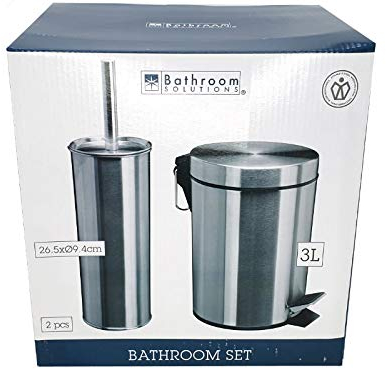 Toiletten-Garnitur aus Edelstahl in moderner Optik mit WC-Bürste mit Behälter und Müllbehälter stilvolles Badaccessoire robust hygienisch platzsparend Badezimmer Ausstattung Dekoration