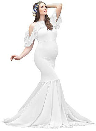 AYMENII Abiti Premaman per Scatti Fotografici Donne Sirena Abito Chiffon Spalla Fredda Con Volant Maniche Matrimonio Baby Shower Dress bianco S
