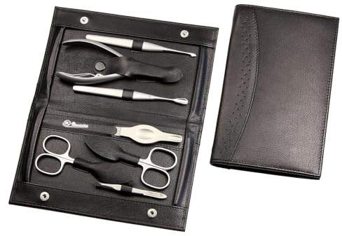 Hans Kniebes Maniküre Set 7-teilig Edelstahl Rostfrei - Nagelpflegeset für Damen und Herren im Leder Etui - Inkl. Nagelschere, Nagelfeile, Nagelhautentferner - Pediküre Set & Fußpflege Set