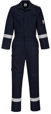 Tuta da lavoro ignifuga leggera in tessuto Bizflame Plus, 99% cotone + 1% fibra di carbonio, 210 gr, omologata EN ISO 11612 + EN ISO 11611 + EN 1149, colore blu navy