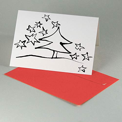 10 Weihnachtskarten mit roten Umschlägen C6: Baum mit Sternen, Klappkarte DIN A6, prima auch zum Ausmalen