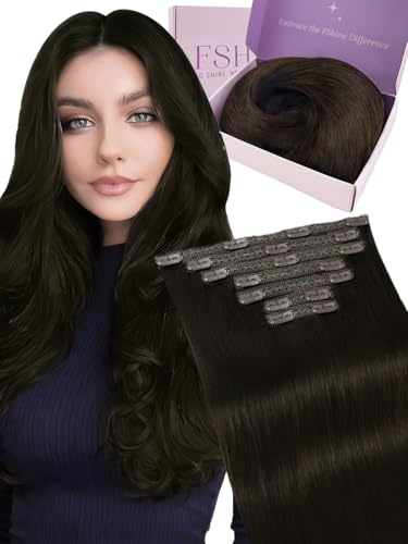Fshine Clip in Extensions Echthaar Dunkelbraun 40cm 120g Clip in Echthaar | Haarextension Echthaar Clip, Schnell einsetzbar, ohne zusätzliche Werkzeuge, Anfängerfreundlich, natürliche Haarintegration