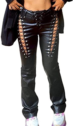 xxxiticat Women's Lace Up PU Leather Pants Chic High Waist Hollow Out Drawstring Bandage Cut Out Faux Leather Trousers(BL,XL) Black